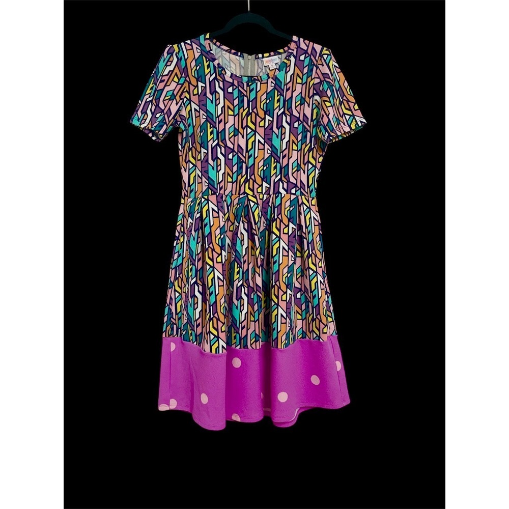 LULAROE AMELIA‎  DRESS MULTICOLOR POLKA DOT MIXED PATTERN GEOMETRIC MEDIUM